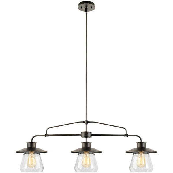 An oil-rubbed bronze Globe pendant light fixture with three glass shades over light bulbs.