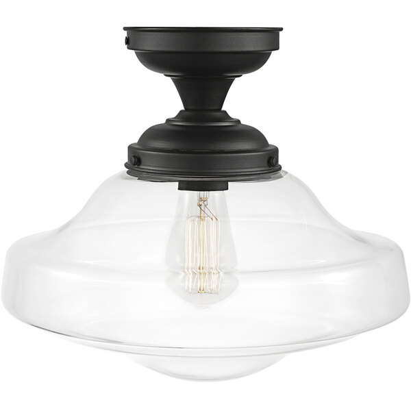A dark bronze semi-flush mount light fixture with a clear glass shade and clear light bulb.