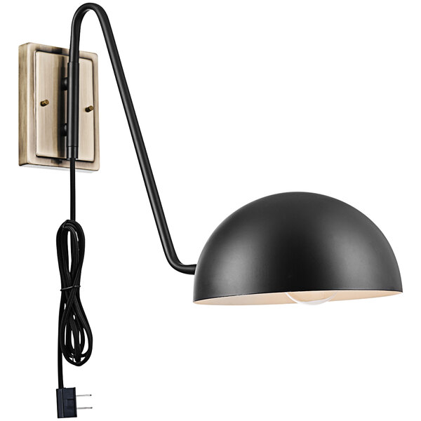 A Globe matte black wall sconce with a cord attached.