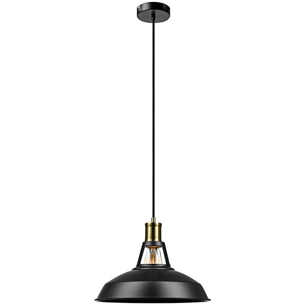 A Globe black and gold pendant light fixture with a metal shade over a table in a coffee shop.