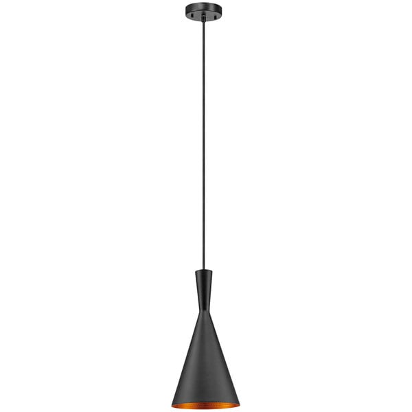 A black and gold cone-shaped pendant light with a metal shade hanging in a restaurant dining area.