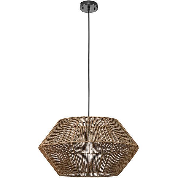 A Globe pendant light with a woven twine shade hanging in a restaurant.
