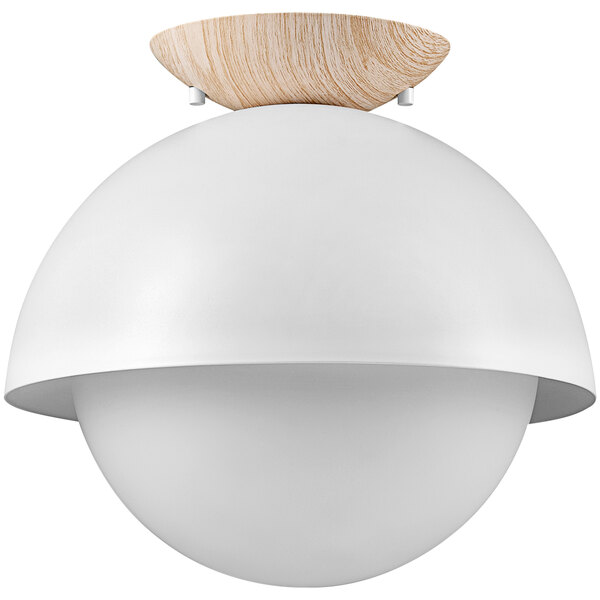 A white light fixture with a wood base.