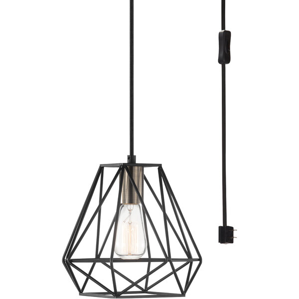A dark bronze pendant light with a wire cage surrounding a light bulb.