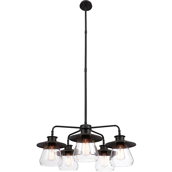 An oil rubbed bronze chandelier with clear glass shades and light bulbs over a table in a restaurant.