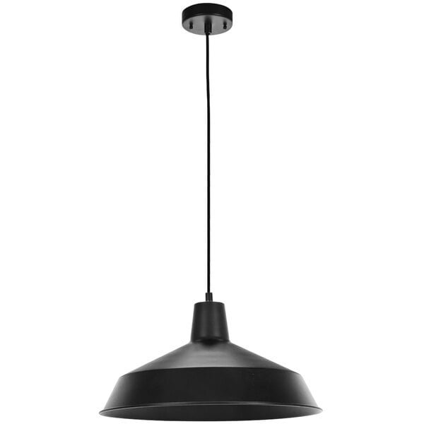 A Globe matte black hardwire pendant light with a black cord and shade hanging from the ceiling.