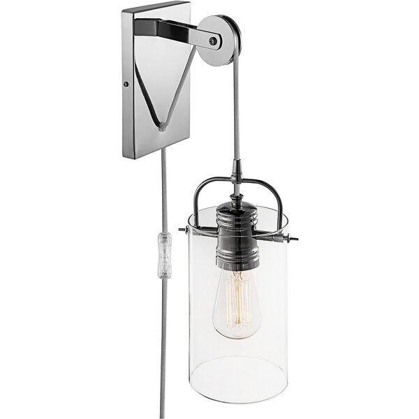 A Globe contemporary chrome wall sconce with a clear glass shade.