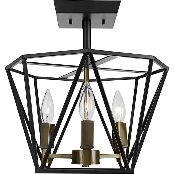 A dark bronze and antique brass metal cage semi-flush mount light with a light bulb inside.