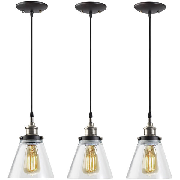 An industrial pendant light with a glass shade and metal accents, hanging from the ceiling with a light bulb inside.