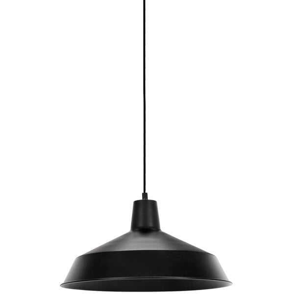 A Globe matte black plug-in pendant light with a black shade hanging from a ceiling.