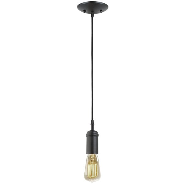A Globe Industrial Matte Black pendant light with an Edison bulb hanging from a black pole.