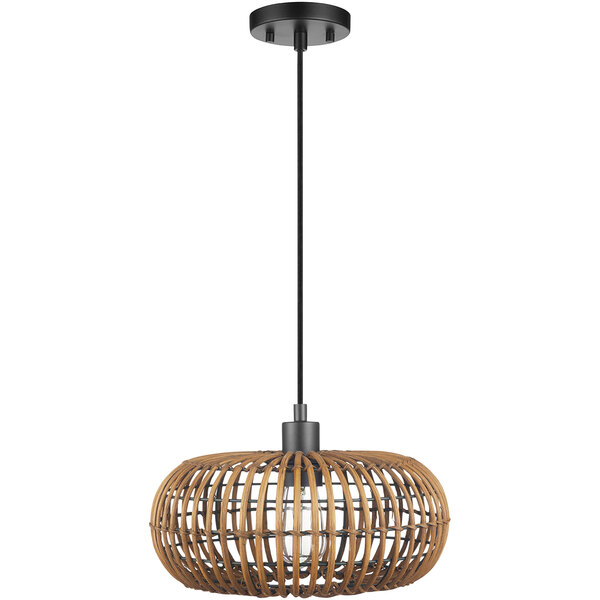 A Globe pendant light with a rattan shade and a light bulb hanging in a restaurant dining area.