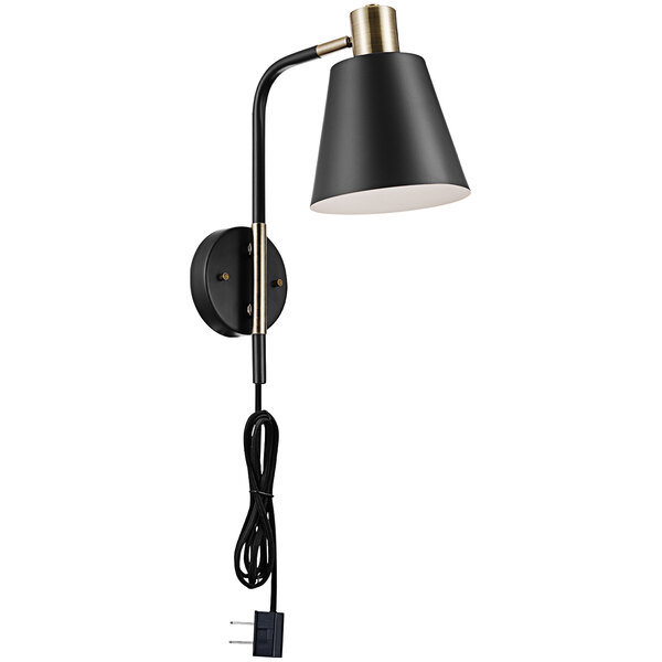 A Globe matte black and antique brass wall lamp with a cord.