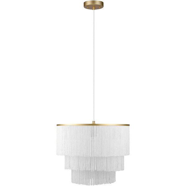 A white chandelier with fringes and gold trim.