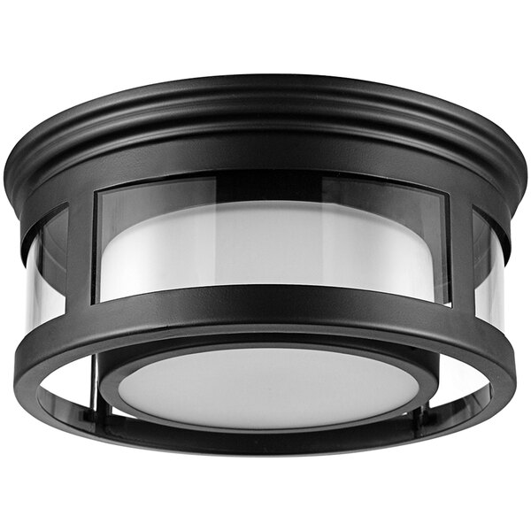 A black flush light fixture with a frosted glass shade.