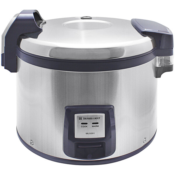 A silver and black stainless steel Thunder Group rice cooker.