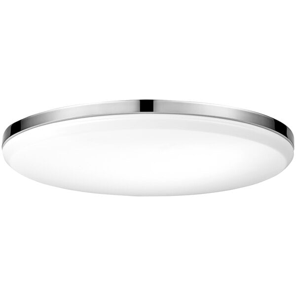 A close-up of a Globe Modern chrome ceiling light with a white finish and silver rim.