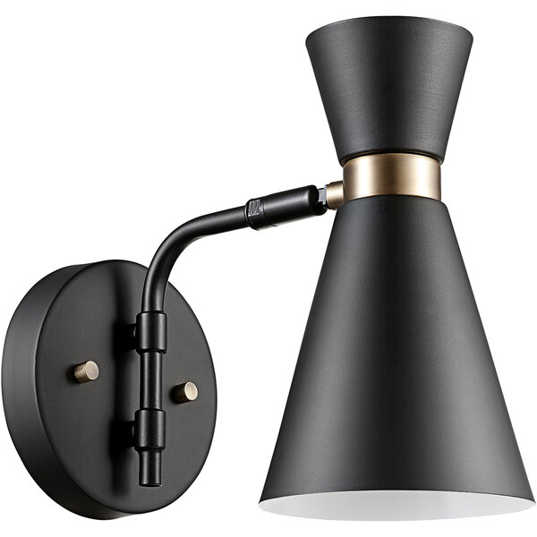 A black and gold Globe wall sconce with a black shade.
