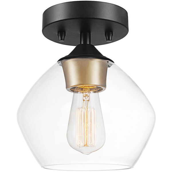 A Globe semi-flush mount light with a black finish and clear glass shade.