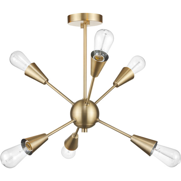 A Globe Glam matte gold semi-flush mount light fixture with six bulbs.