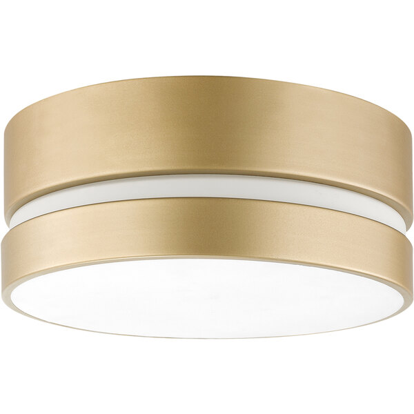 A Globe Glam soft gold flush mount light fixture with a frosted white glass shade.