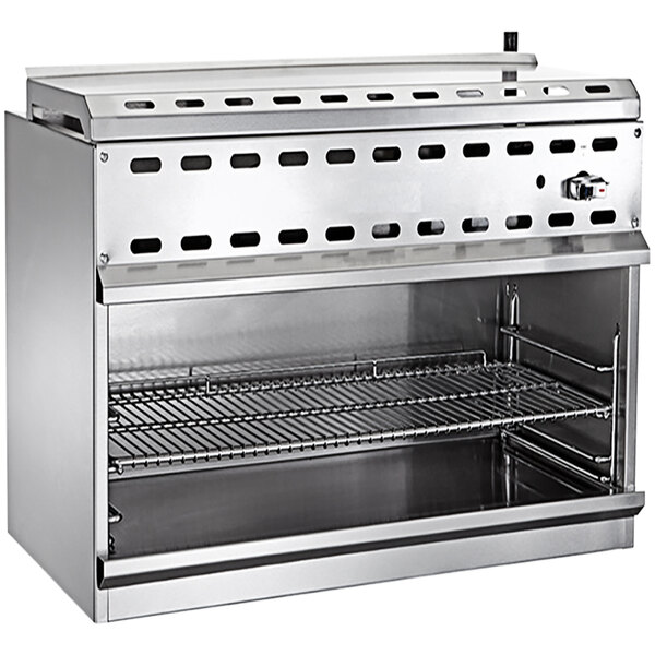 A stainless steel grill with a rack on it.