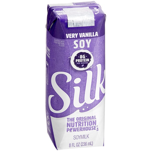 A purple carton of Silk Very Vanilla soy milk.