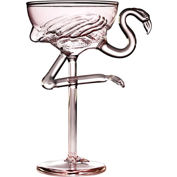 A Flavour Blaster cocktail glass with a flamingo shaped stem.