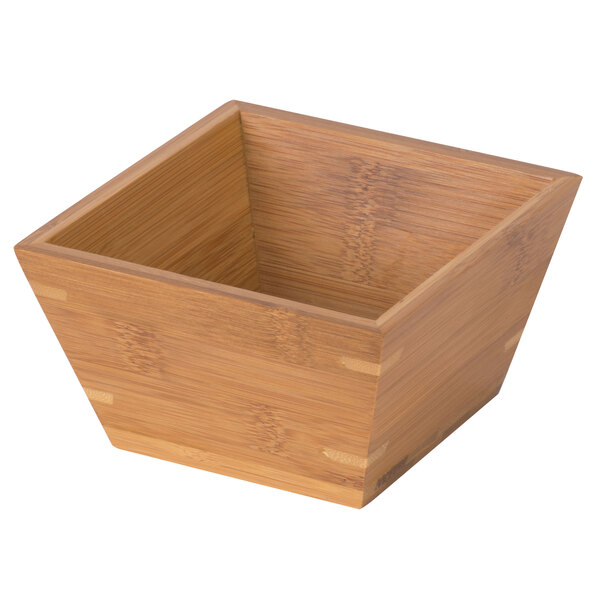 An American Metalcraft square bamboo bowl with a square top and handle.