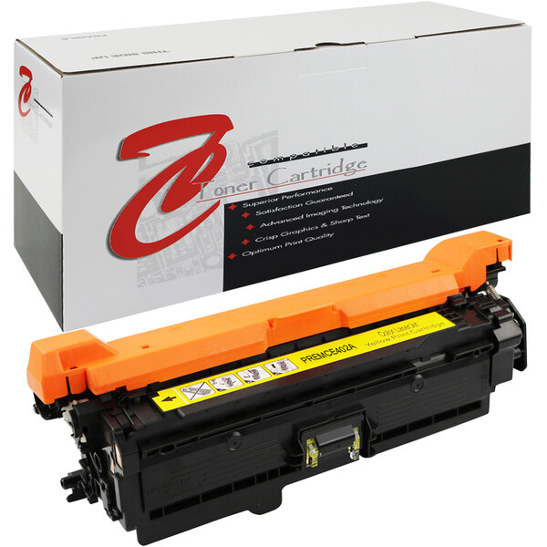 A yellow and black Point Plus remanufactured toner cartridge for HP printers in a white box with a red logo.