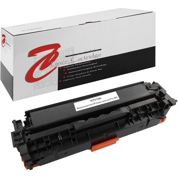 A white and black box with red text containing a black Point Plus toner cartridge for HP with orange and black labels.