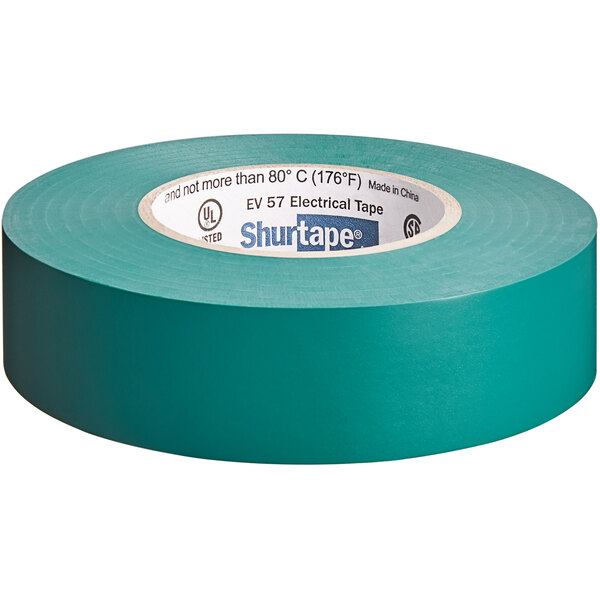 A roll of Shurtape green electrical tape with a label on it.