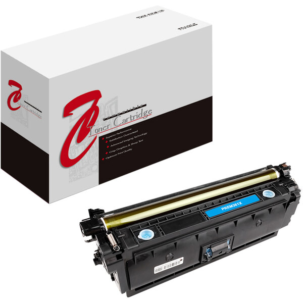 A Point Plus cyan remanufactured HP printer toner cartridge with a blue label.