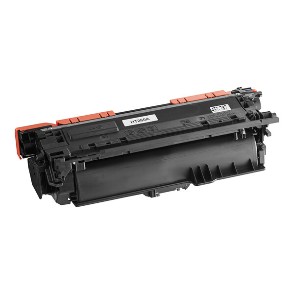 A black printer toner cartridge with red and black text for HP CE260A.