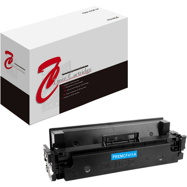 A white and black box with red text containing a Point Plus cyan remanufactured toner cartridge with a blue label.