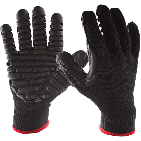 A close-up of a black Impacto glove with red fingertips.