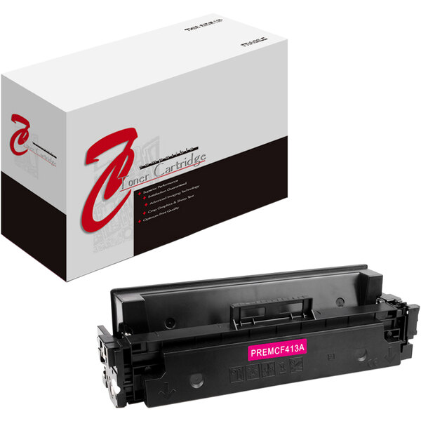 A remanufactured magenta toner cartridge with a pink label for HP printers.