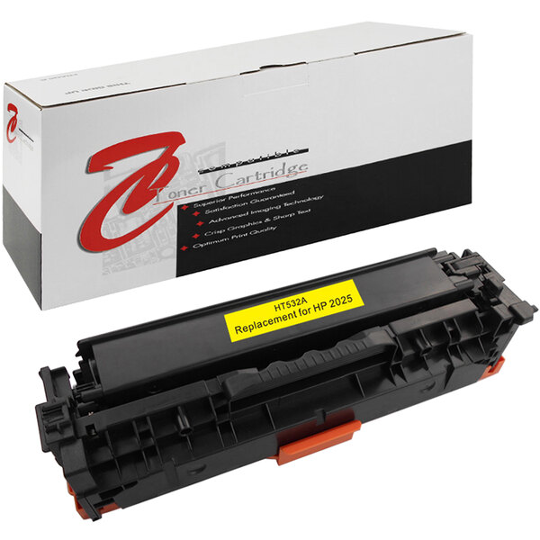 A white box with a black and yellow label for a Point Plus yellow compatible HP toner cartridge.
