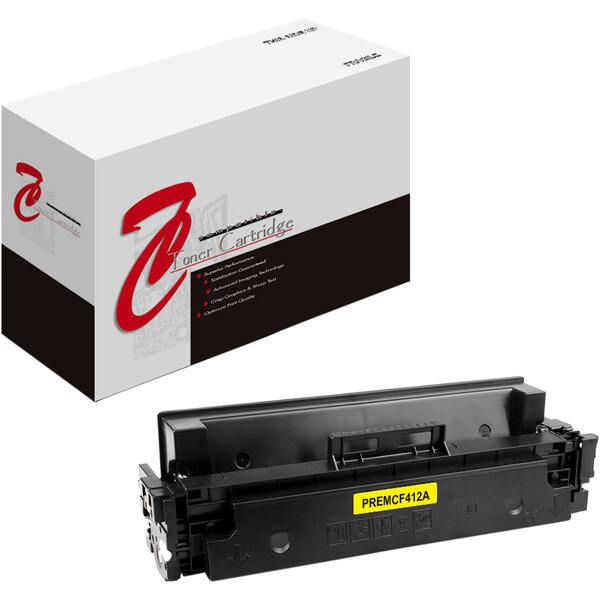 A Point Plus black remanufactured printer toner cartridge with a yellow label.