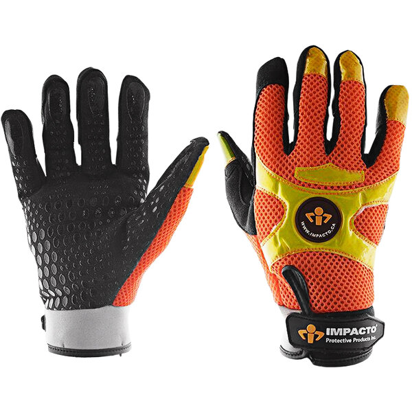A close up of a medium Impacto glove with orange and yellow accents.
