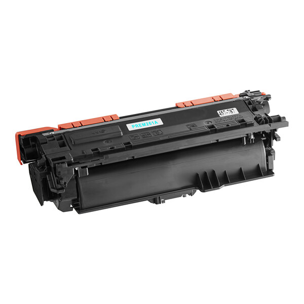 A cyan Point Plus remanufactured printer toner cartridge for HP printers with red accents.