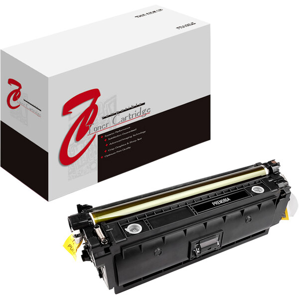 A Point Plus black remanufactured toner cartridge for HP printers with a yellow label.