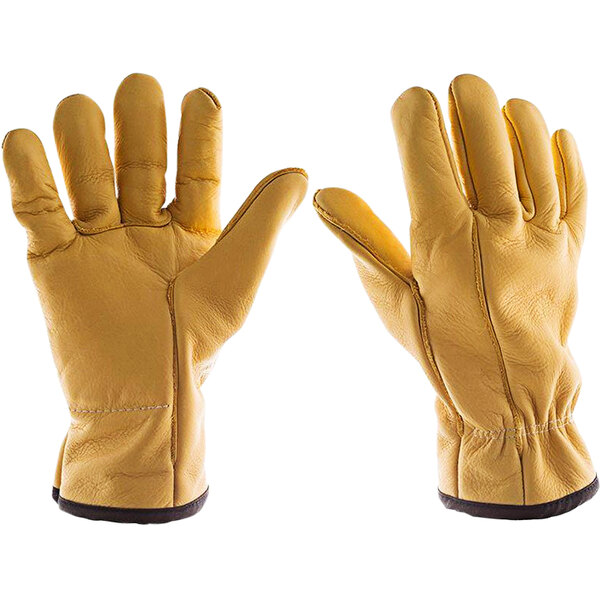 A pair of yellow cowhide leather gloves with black stitching.