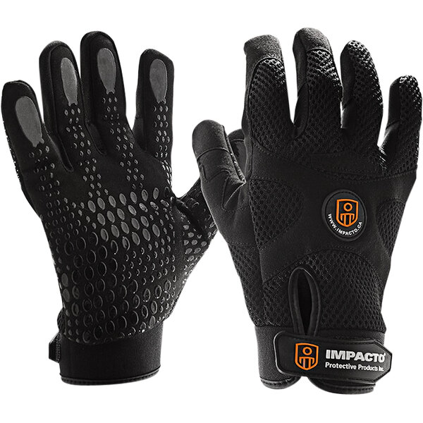 A pair of black Impacto anti-vibration mechanic air gloves.