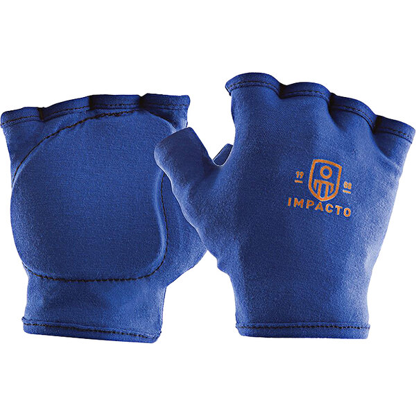 A pair of blue Impacto anti-impact half finger liner gloves.