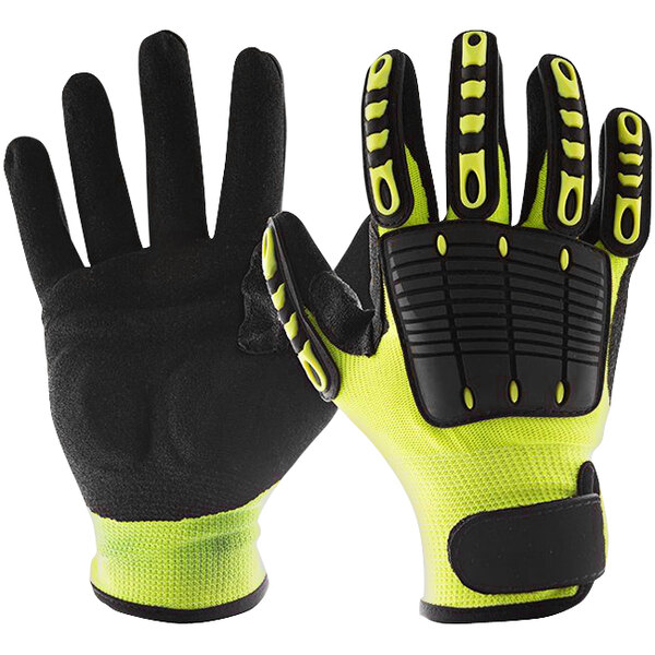A pair of yellow and black Impacto Back Tracker anti-impact gloves.