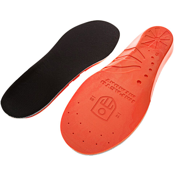 A pair of black and orange Impacto shoe insoles with a black sole.
