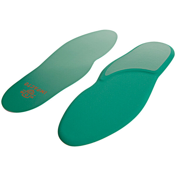 A pair of green Impacto Airsol flat insoles with red text.