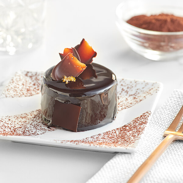 A chocolate cake on a plate with Valrhona Dutched Cocoa Powder on top.
