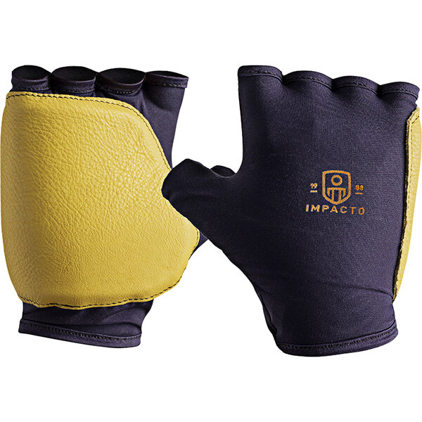 A pair of black fingerless gloves with yellow leather accents on the palm and back.